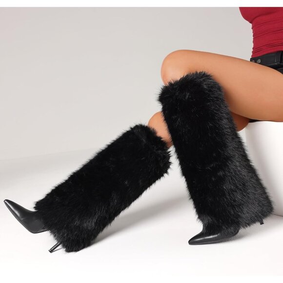 Women's A-black Kalstage Fur Knee High Heeled Wide Calf Party Fashion Boots - Picture 7 of 7